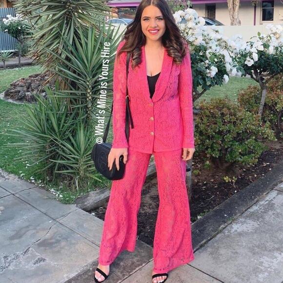 NWT Meshki Krissy High Rise Wide Flare Leg Lace Trouser Pant Pink Size Small - Picture 1 of 8